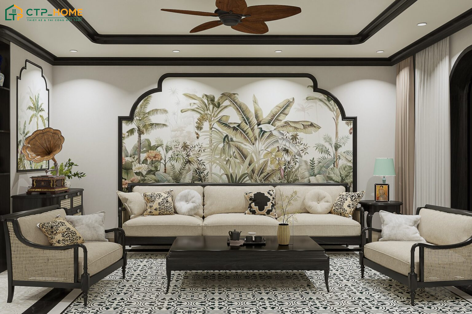 Mẫu phòng khách chung cư phong cách Indochine sẽ được thiết kế tinh gọn để phù hợp với diện tích