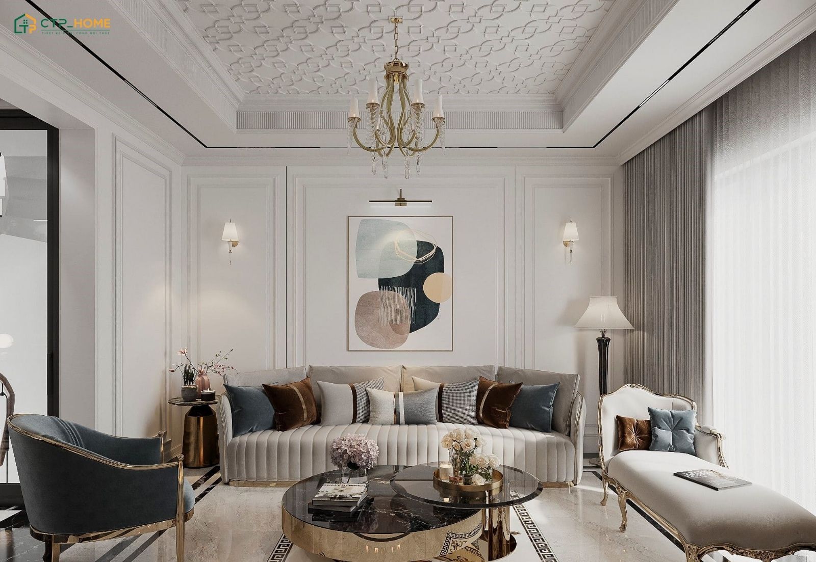 Mẫu thiết kế phòng khách đẹp tân cổ điển cho nhà ống gây ấn tượng với thiết kế tinh tế cùng nội thất sang trọng