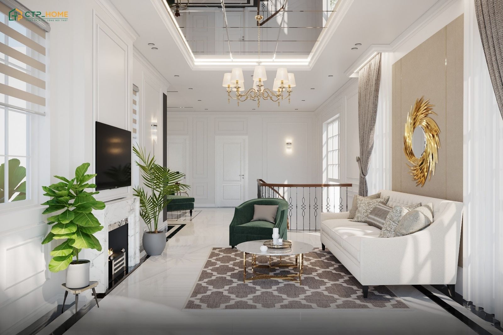 Mẫu trang trí phòng khách tân cổ điển đẹp diện tích nhỏ với đồ nội thất đơn giản nhưng vẫn đầy đủ tiện nghi