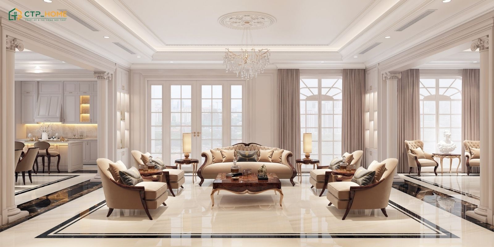 Mẫu thiết kế phòng khách cổ điển liền phòng bếp với sofa bọc nệm cao cấp và bàn trà sang trọng