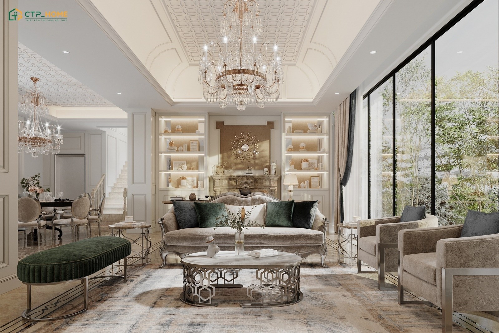 Mẫu thiết kế phòng khách biệt thự tân cổ điển với bộ sofa sang trọng và các chi tiết phào chỉ được bố trí hài hòa