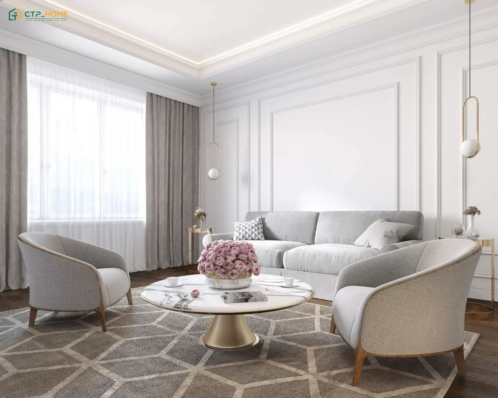Mẫu thiết kế nội thất tân cổ điển phòng khách đơn giản với đường nét phào chỉ nhẹ nhàng và nội thất tinh tế