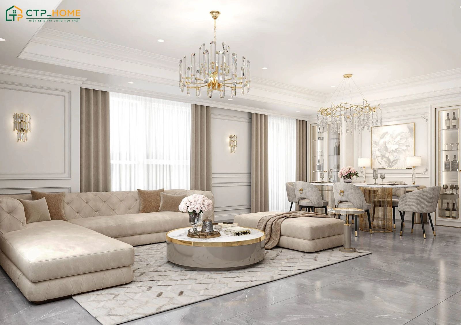 Mẫu phòng khách tân cổ điển hiện đại với gam màu trắng thanh lịch cùng nội thất tinh tế