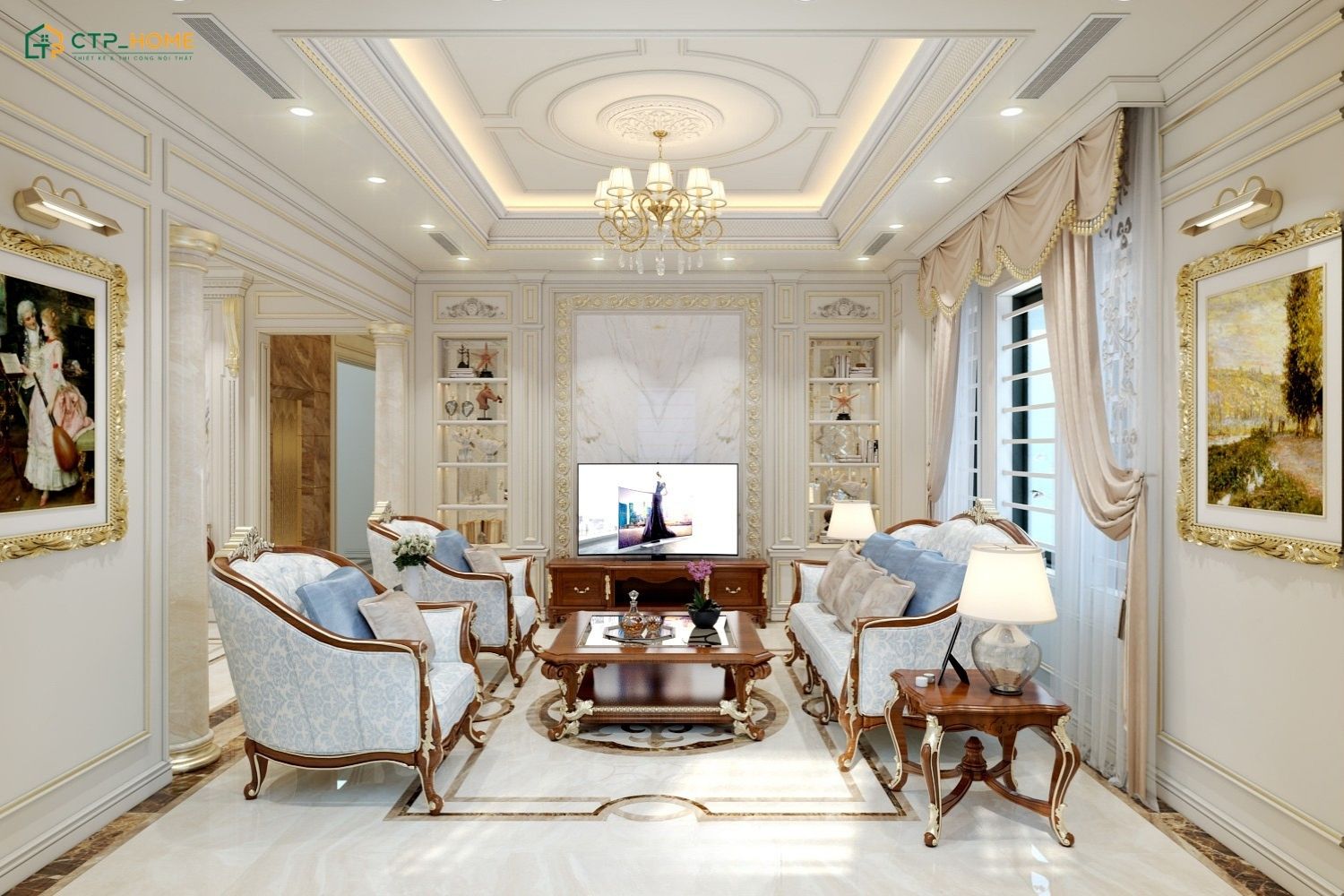 Mẫu thiết kế phòng khách đẹp tân cổ điển hiện đại với bộ sofa cao cấp cùng đèn chùm sang trọng