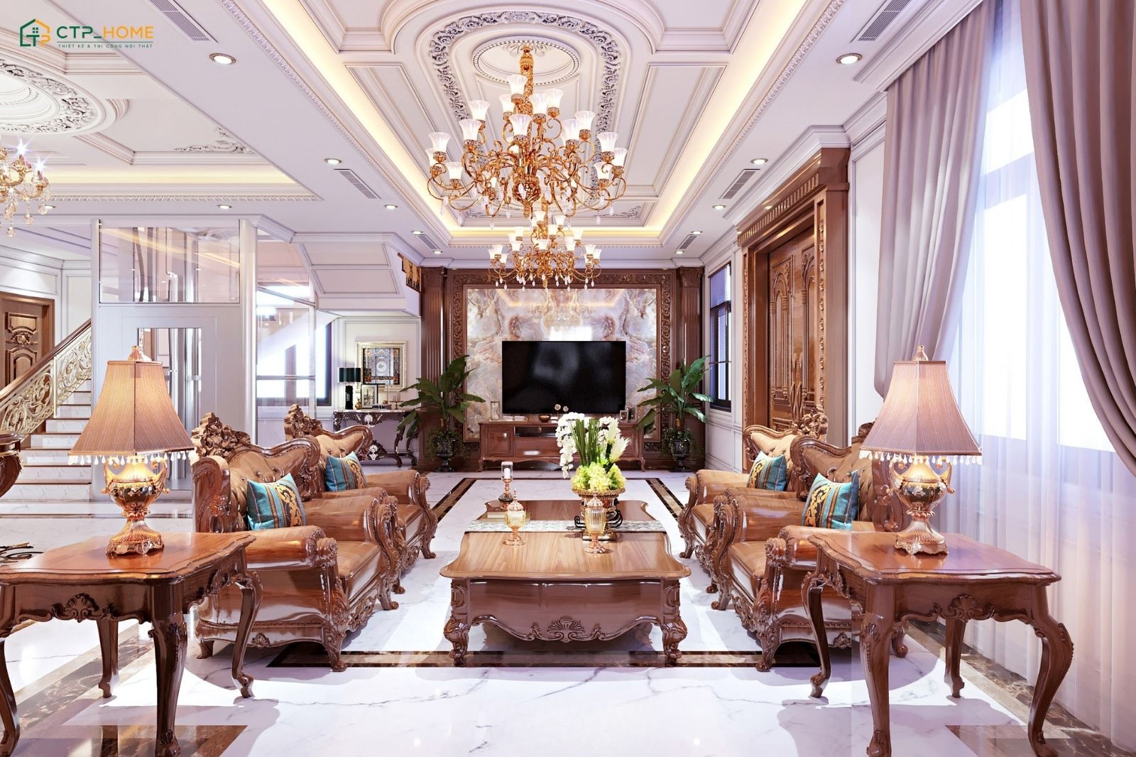 Mẫu trang trí phòng khách cổ điển đẹp sang trọng với hệ vách tivi được thiết kế cầu kỳ làm điểm nhấn