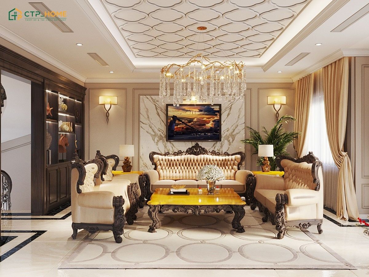 Mẫu thiết kế phòng khách tân cổ điển sang trọng gây ấn tượng với các món đồ nội thất cao cấp