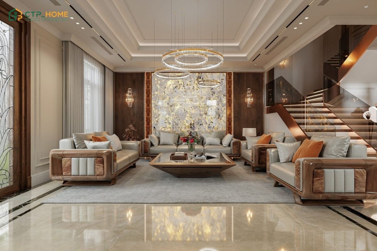 Mẫu trang trí phòng khách tân cổ điển đẹp, nhẹ nhàng với chiếc đèn thả trần đầy ấn tượng