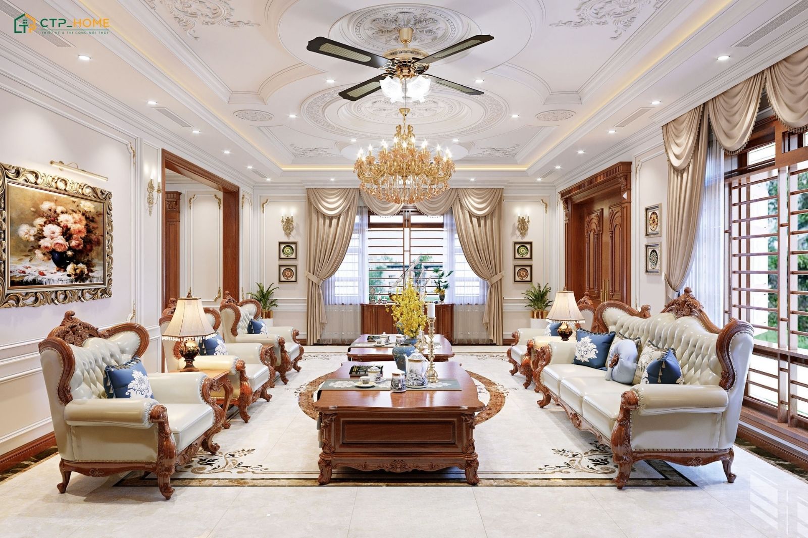 Mẫu phòng khách tân cổ điển quý phái gây ấn tượng với những chi tiết trang trí được chăm chút tỉ mỉ