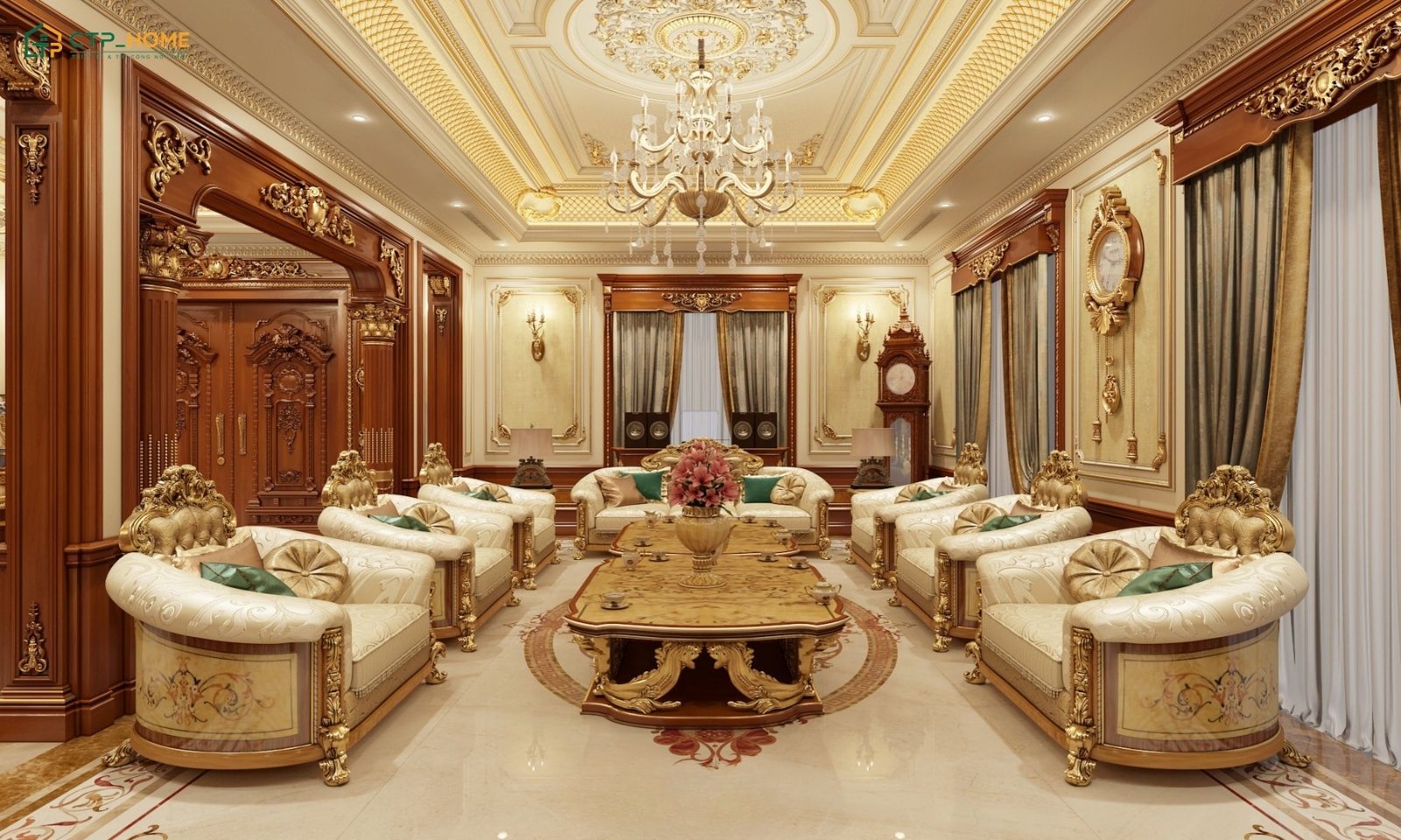Mẫu phòng khách phong cách tân cổ điển quý phái tạo dấu ấn riêng với gam vàng ánh kim độc đáo