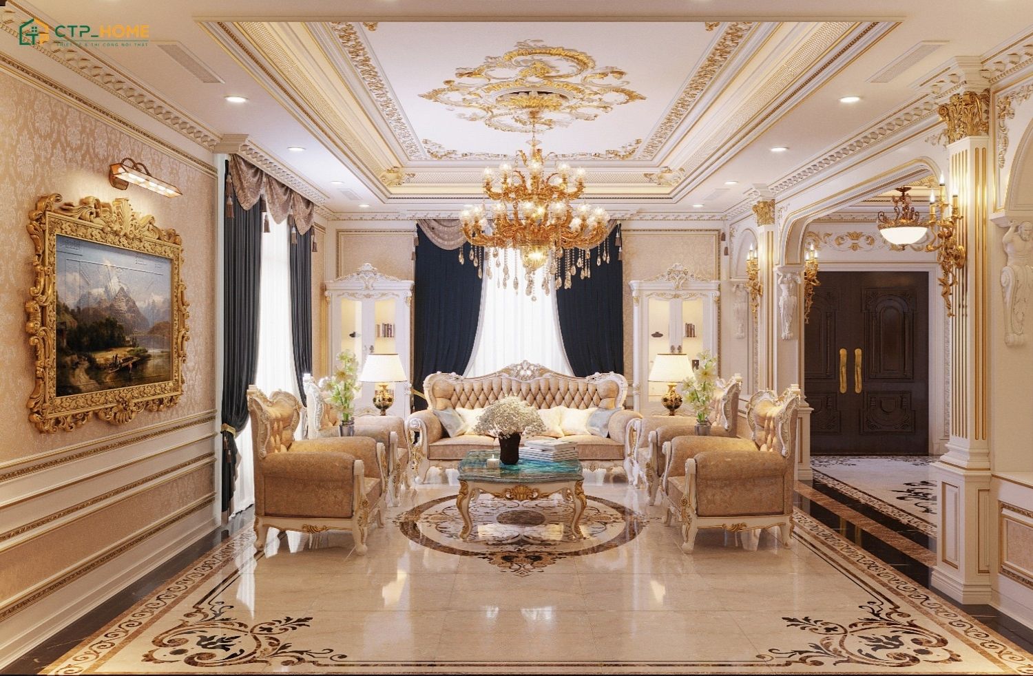 Mẫu trang trí phòng khách tân cổ điển sang trọng ấn tượng với bức tranh nghệ thuật làm điểm nhấn