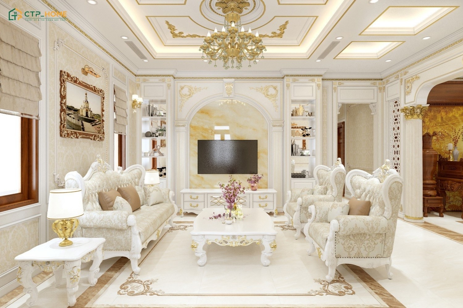 Trần nhà được thiết kế cầu kỳ kết hợp đèn chùm sang trọng giúp tạo điểm nhấn ấn tượng cho phòng khách