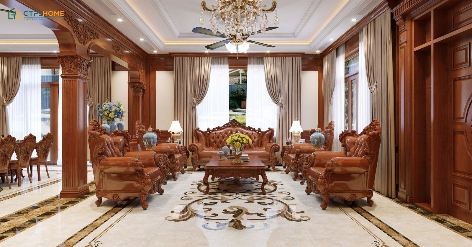 Mẫu thiết kế phòng khách tân cổ điển nổi bật với bộ sofa bằng gỗ gõ đỏ sang trọng và ấm cúng
