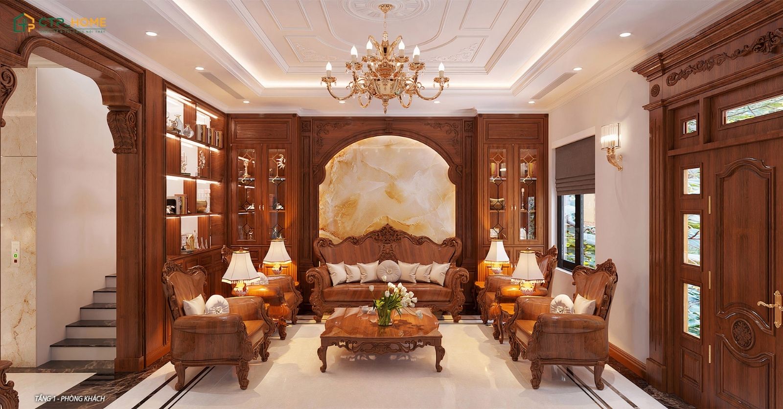 Phong cách tân cổ điển khi được kết hợp với chất liệu gỗ tự nhiên sẽ đem đến cảm giác gần gũi hơn