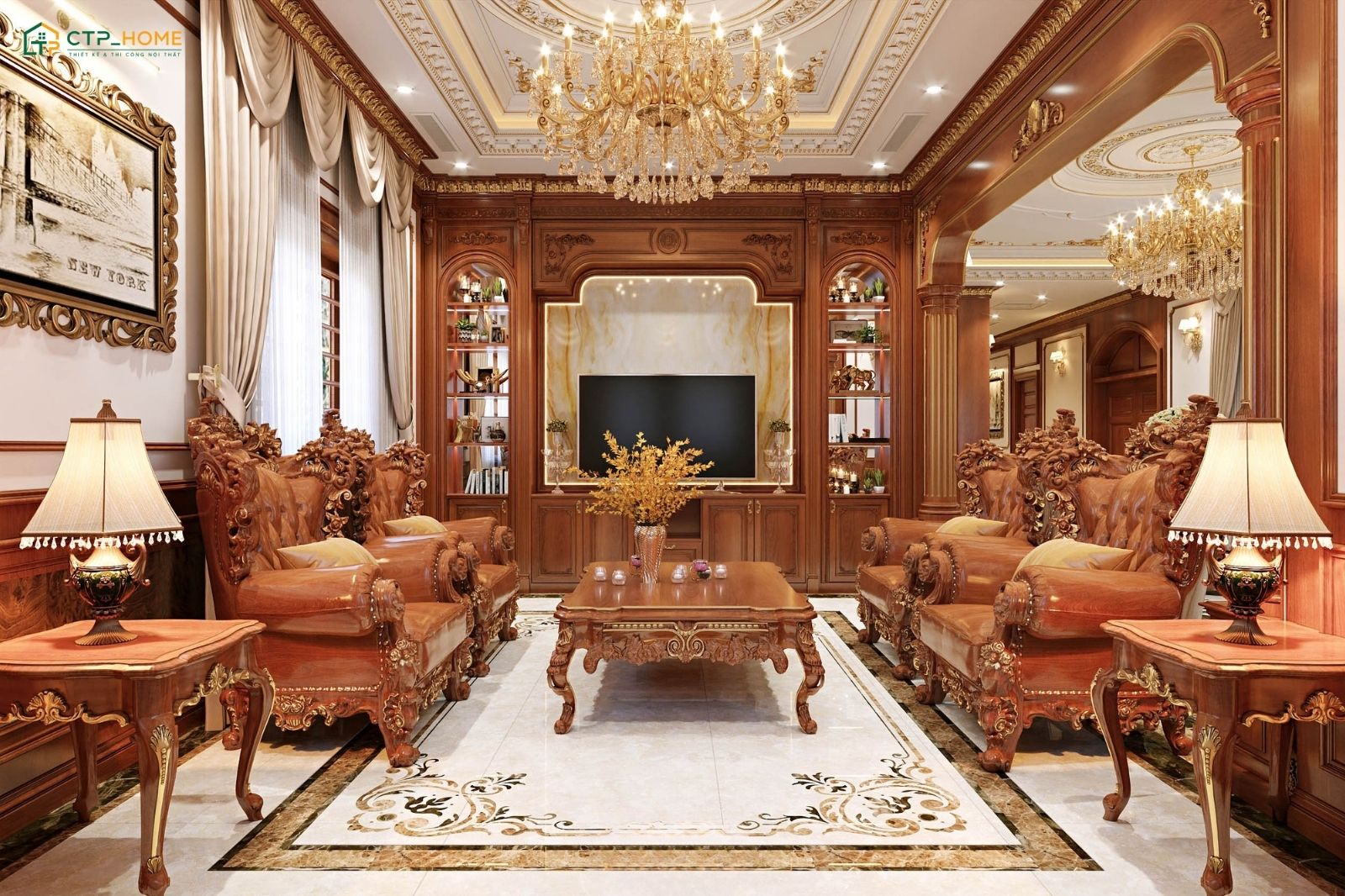 Mẫu trang trí phòng khách cổ điển bằng gỗ với các món đồ nội thất được chạm khắc tinh xảo