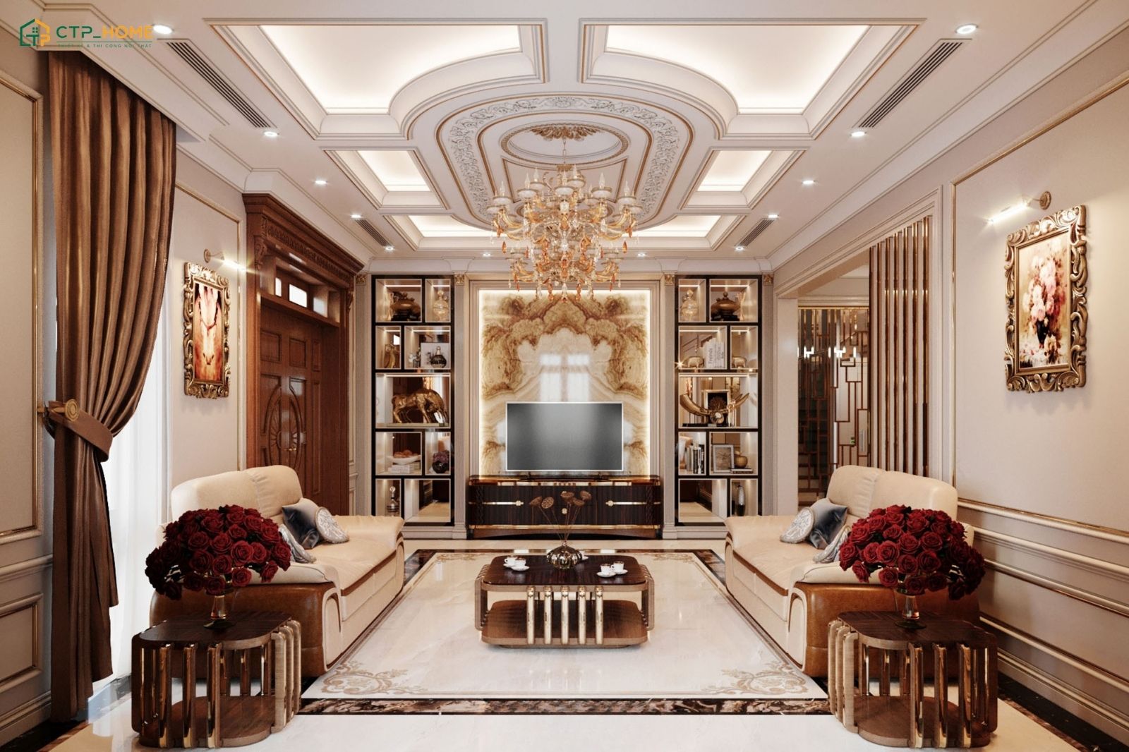 Mẫu thiết kế phòng khách cho nữ chủ nhân phong cách tân cổ điển với bộ sofa mềm mại làm điểm nhấn