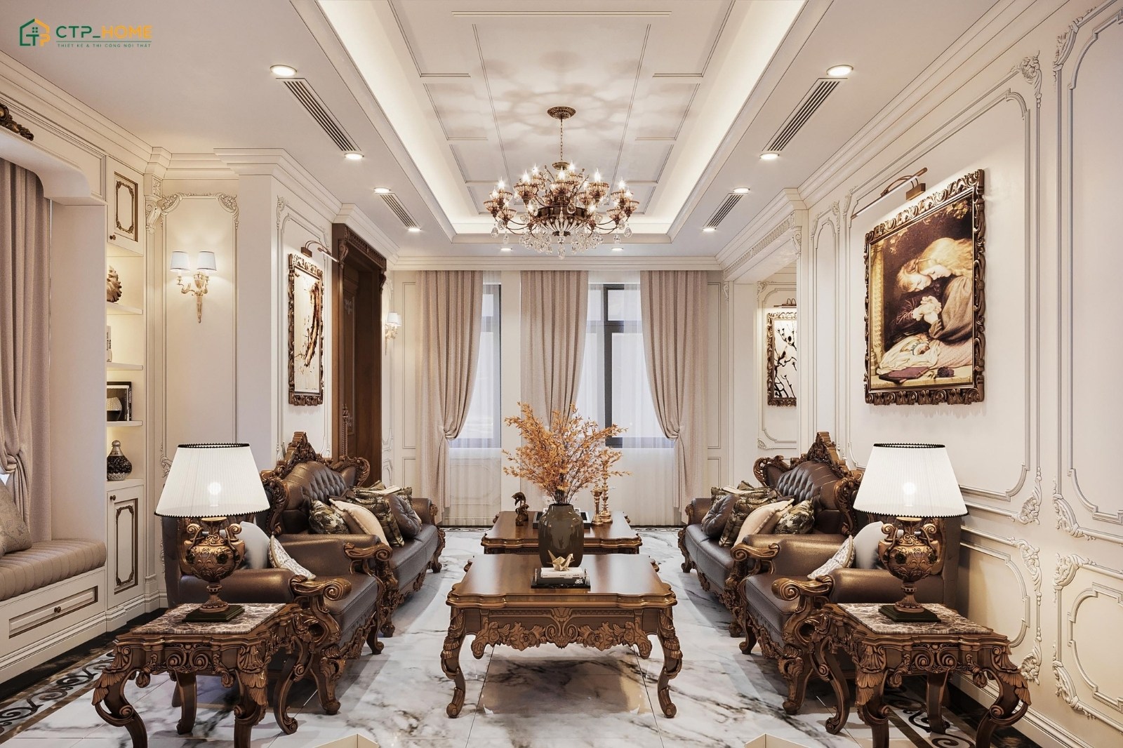 Mẫu trang trí phòng khách tân cổ điển đẹp với bộ sofa kết hợp bàn trà được thiết kế tinh xảo