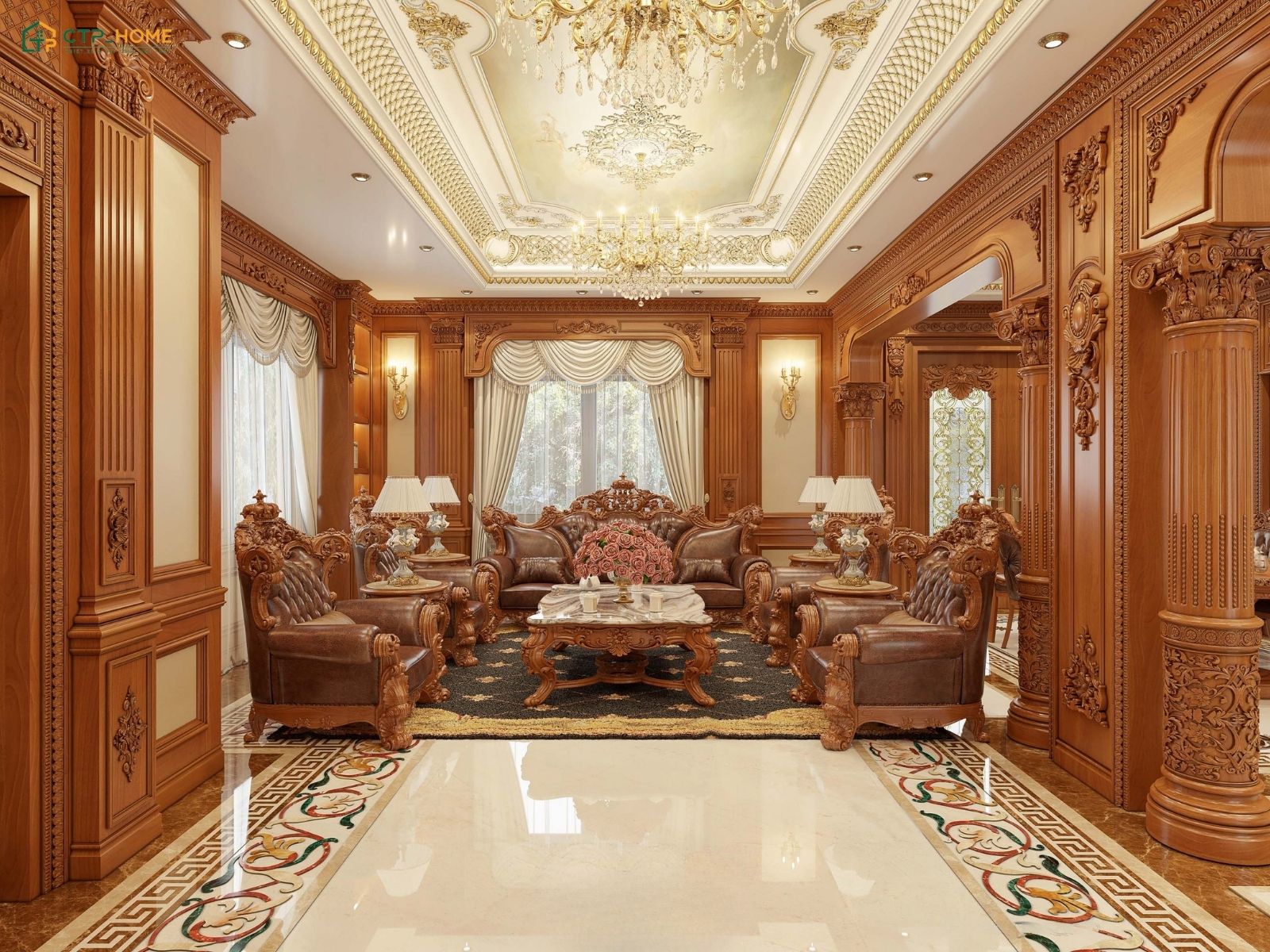 Mẫu thiết kế phòng khách phong cách cổ điển thường sẽ ưu tiên sử dụng các chất liệu cao cấp