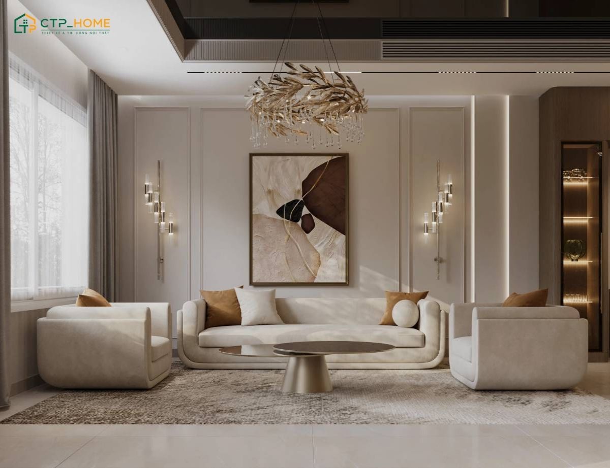 Mẫu thiết kế phòng khách tân cổ điển đơn giản cho chung cư với gam màu trang nhã và nội thất tiện nghi
