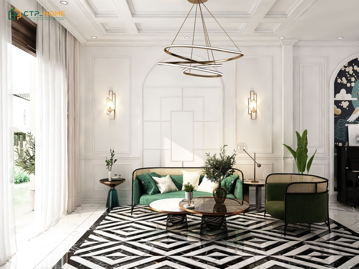 Mẫu phòng khách tân cổ điển đẹp cho nhà ống với đồ nội thất tinh gọn cùng gam màu tươi sáng