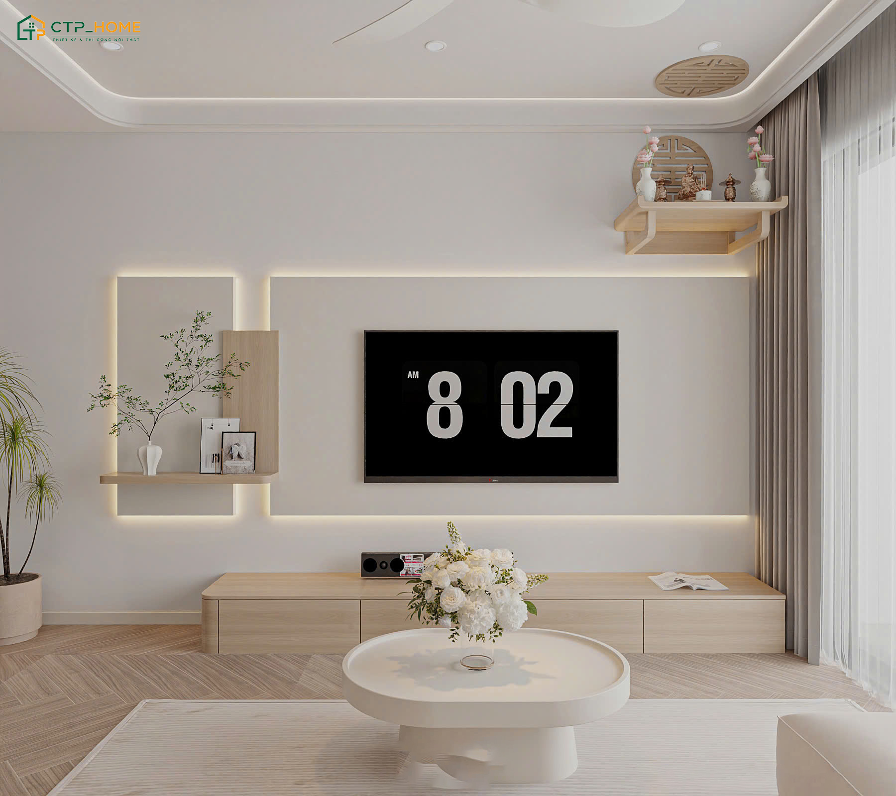 Phòng khách chung cư tối giản sử dụng tone màu trắng kết hợp nội thất sáng màu để đảm bảo sự đồng nhất