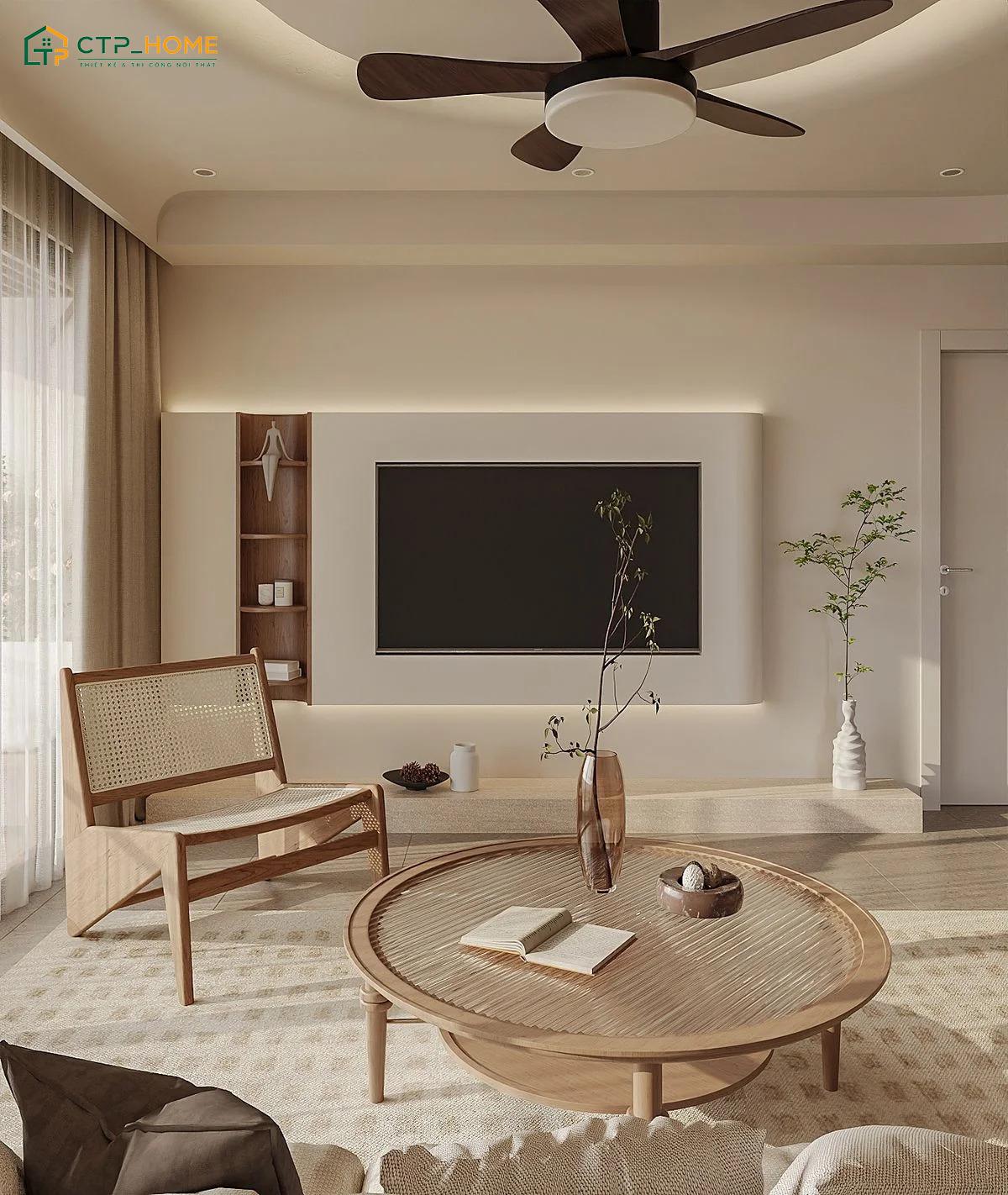Sử dụng tủ trang trí giúp gia tăng không gian lưu trữ và hoàn thiện bố cục phòng khách hiện đại tối giản