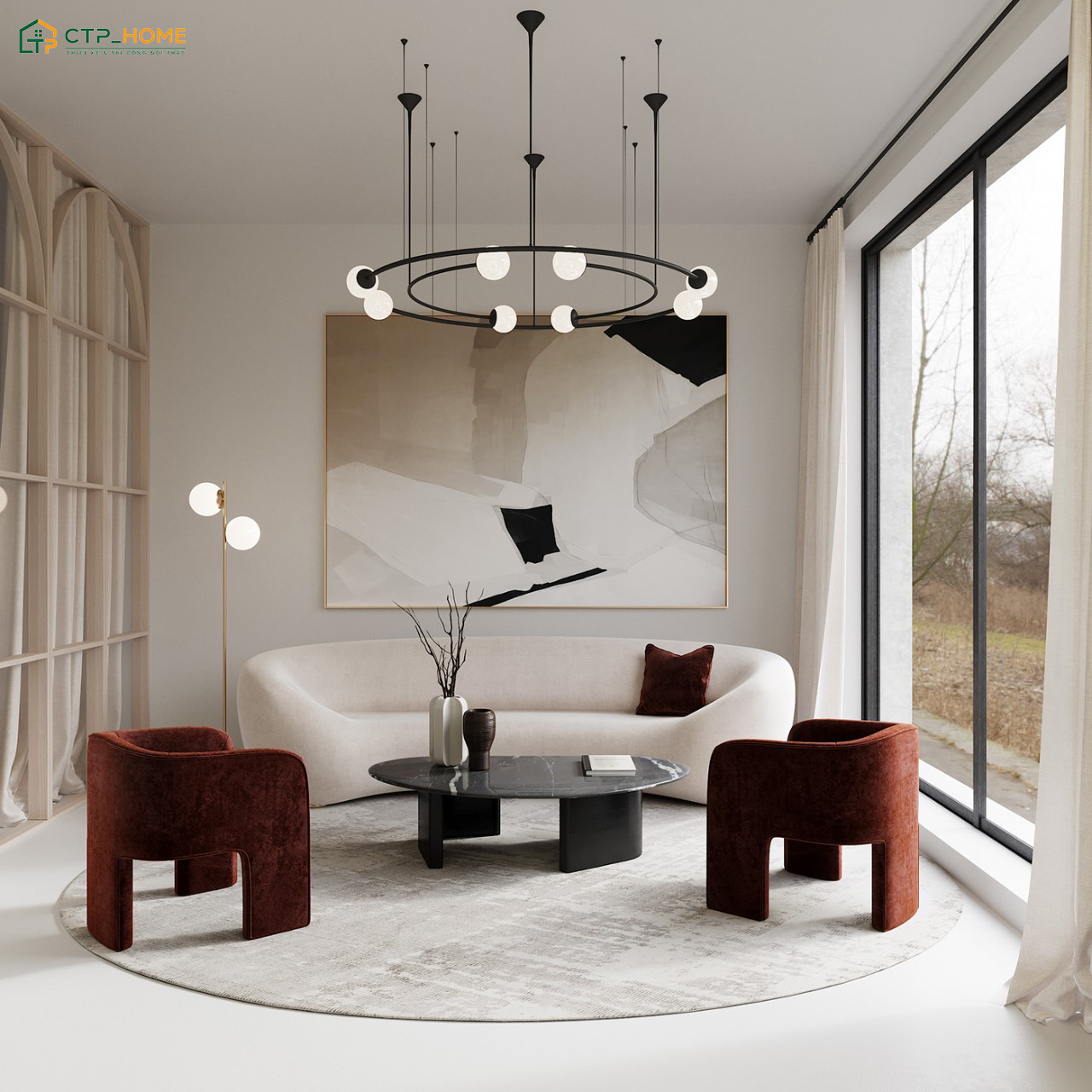 Khi thiết kế phòng khách hiện đại tối giản thì phải kết hợp hài hòa giữa ánh sáng tự nhiên và ánh sáng nhân tạo