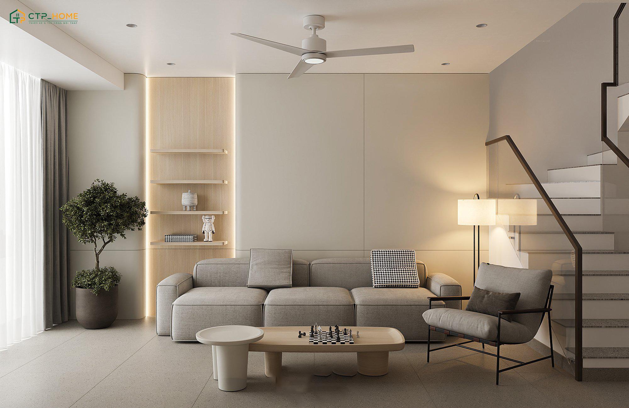 Mẫu phòng khách đẹp đơn giản sử dụng sofa chữ I giúp tối ưu diện tích nhưng vẫn đảm bảo sự tiện nghi
