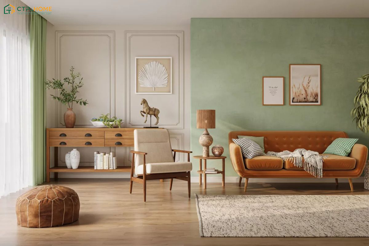 Ưu tiên sử dụng nội thất gỗ cho phòng khách Vintage màu Pastel để tạo cảm giác ấm cúng hơn
