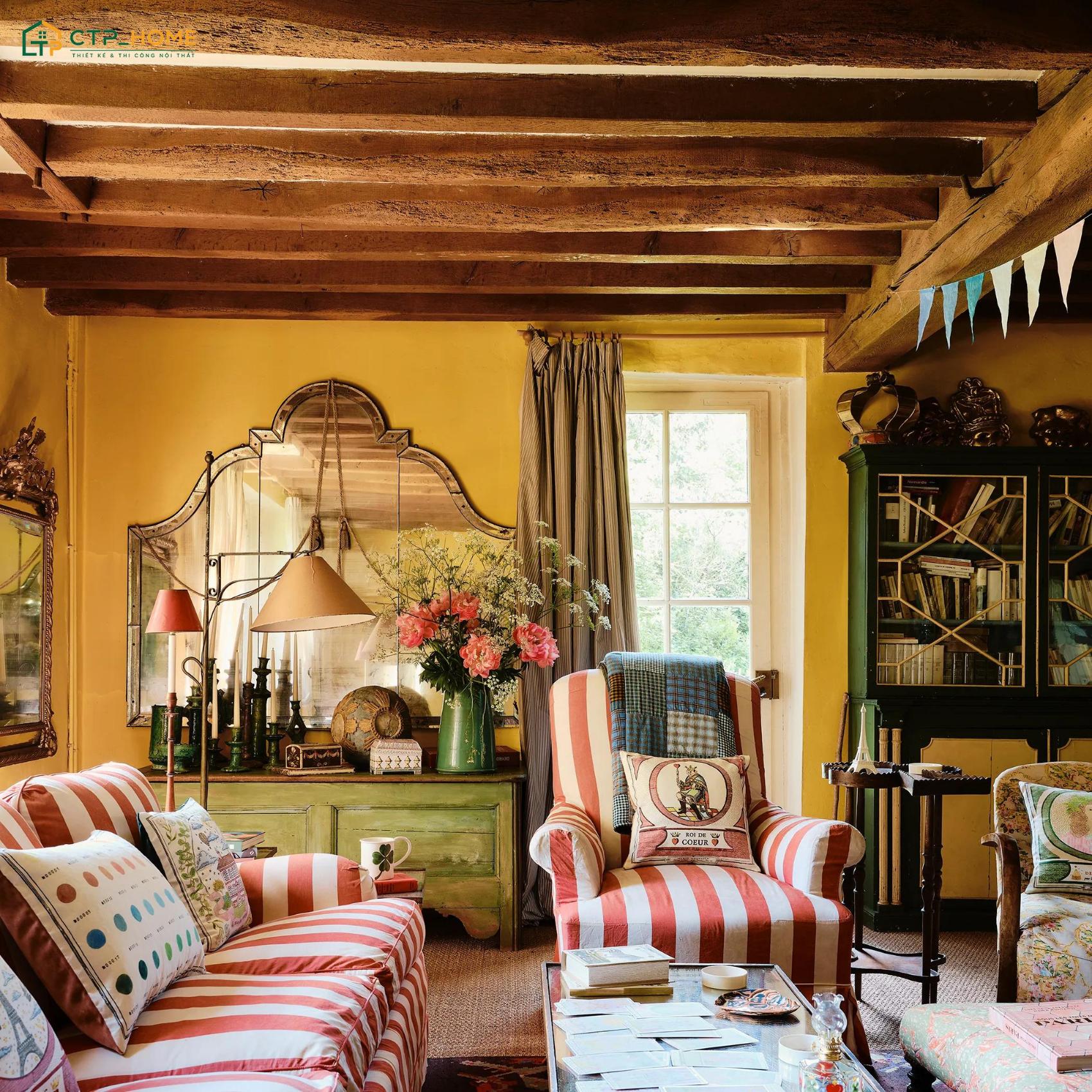 Decor nội thất phòng khách Vintage với tone màu trắng vàng sẽ đem đến một không gian thanh lịch và ấm cúng