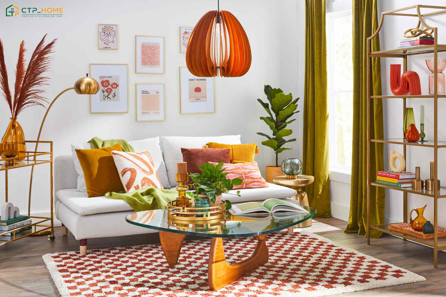 Chỉ nên sử dụng một gam màu chủ đạo để phòng khách phong cách Vintage Pop Color giữ được sự hài hòa