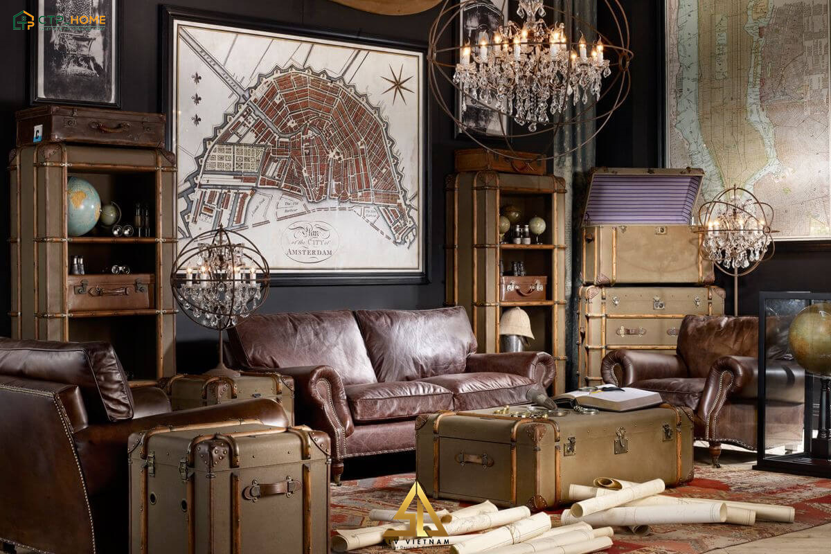 Phòng khách phong cách Vintage có cách phối màu độc đáo nên sẽ không gây ra cảm giác nặng nề