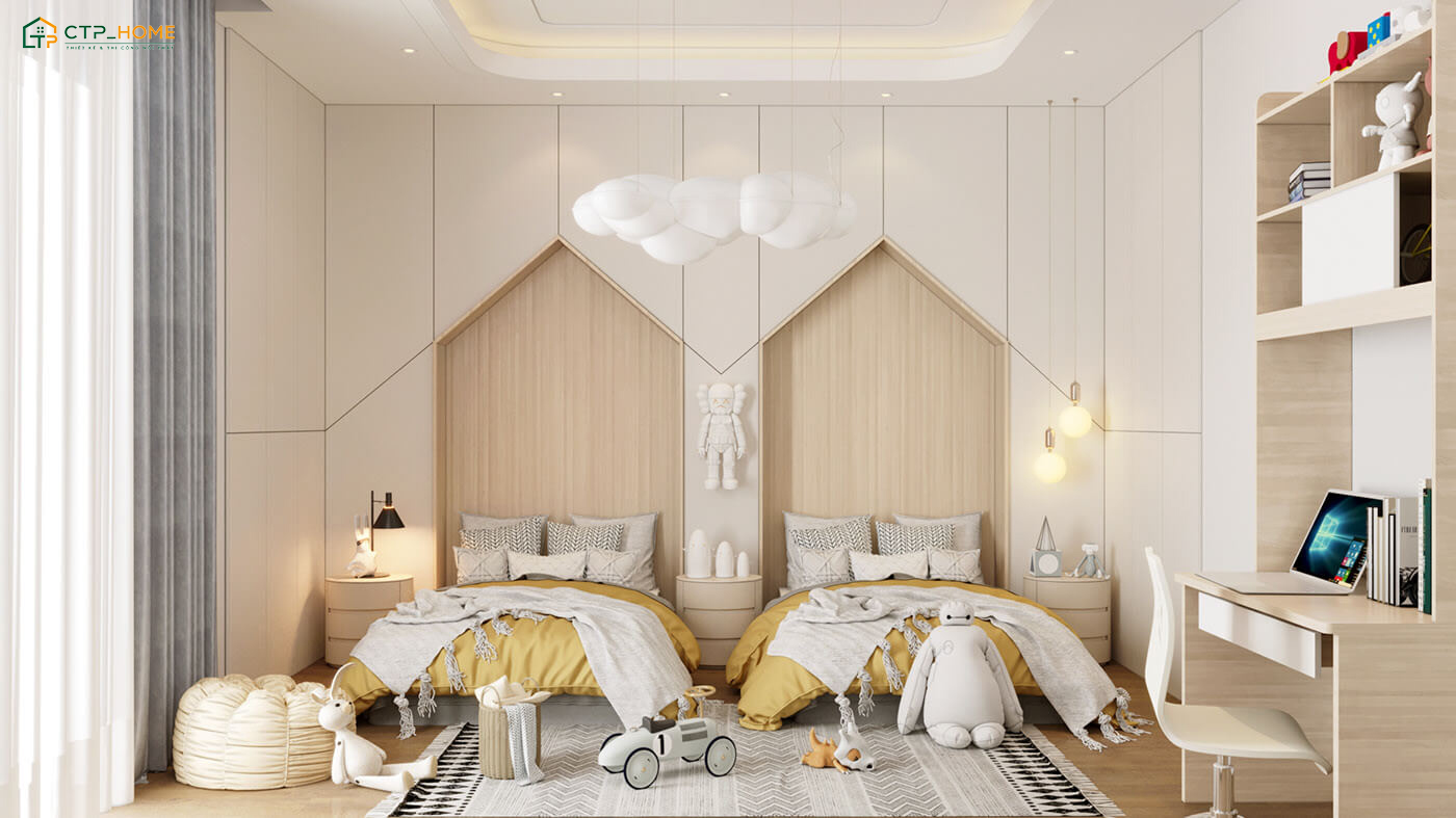 Mẫu decor phòng ngủ 2 giường cho hai bé trai sẽ đề cao sự tối giản và ưu tiên nhiều khoảng trống để vui chơi