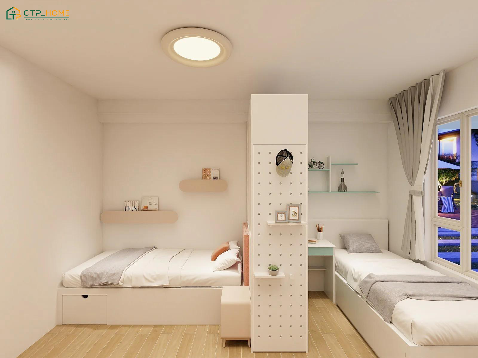 Có thể sử dụng các loại vách ngăn bằng kính, tủ kệ trang trí hoặc rèm cửa để phân chia không gian