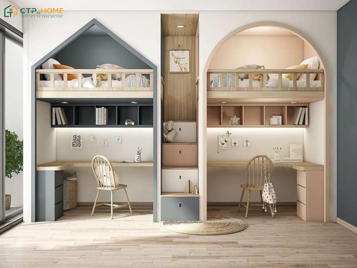 Thiết kế phòng 2 giường ngủ bằng vách ngăn giúp tạo sự riêng tư mà vẫn giữ được sự liền mạch cho không gian