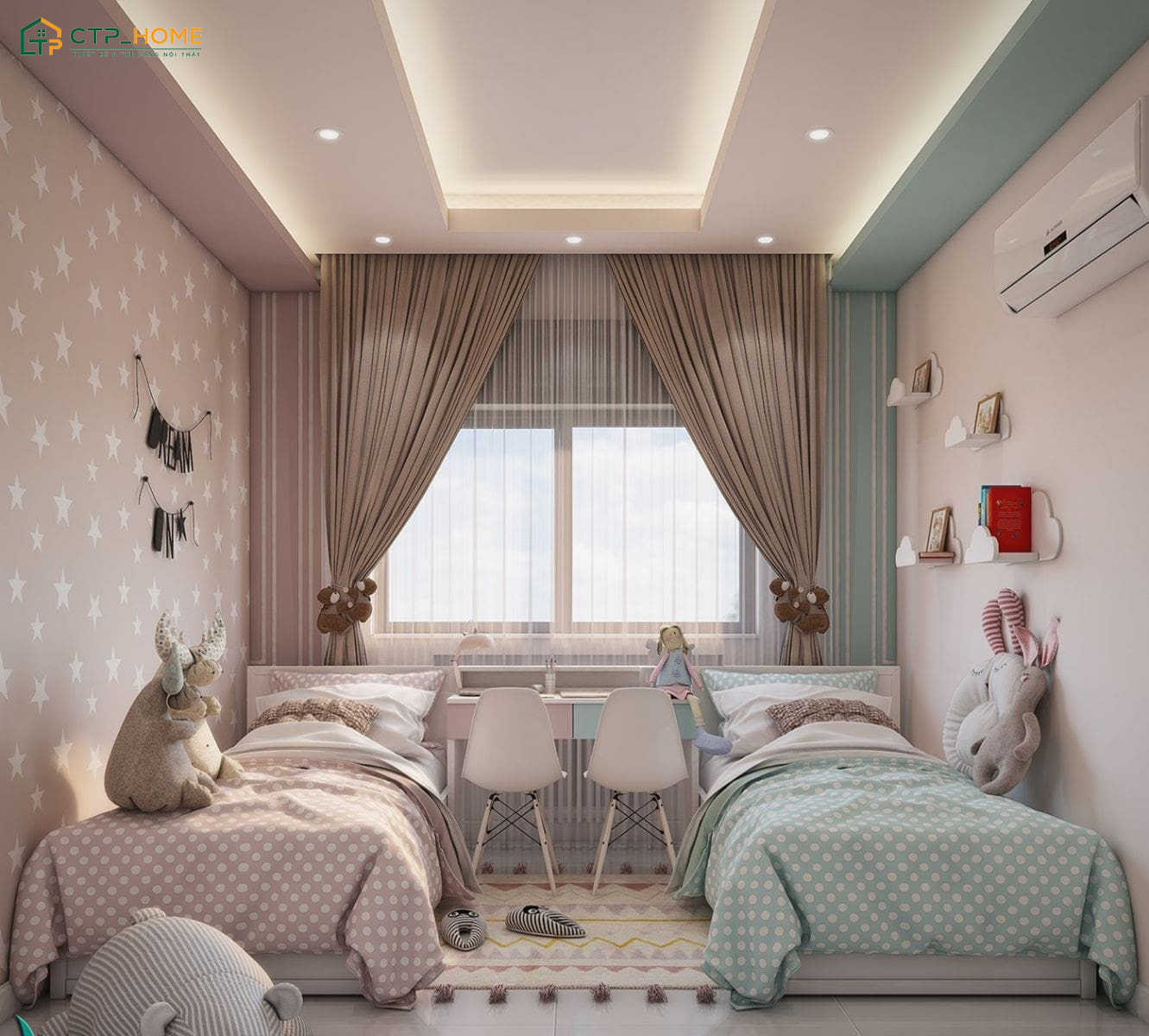 Nội thất phòng ngủ 2 giường đơn sẽ có thiết kế đơn giản và tối ưu công năng để giúp tiết kiệm diện tích
