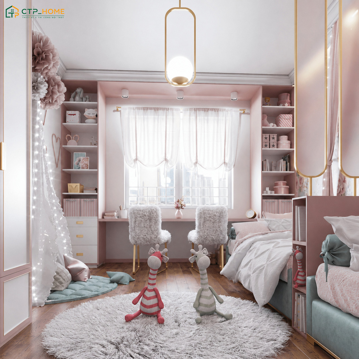 Cách bố trí 2 giường ngủ thẳng hàng sẽ phù hợp với những căn phòng có chiều ngang hẹp