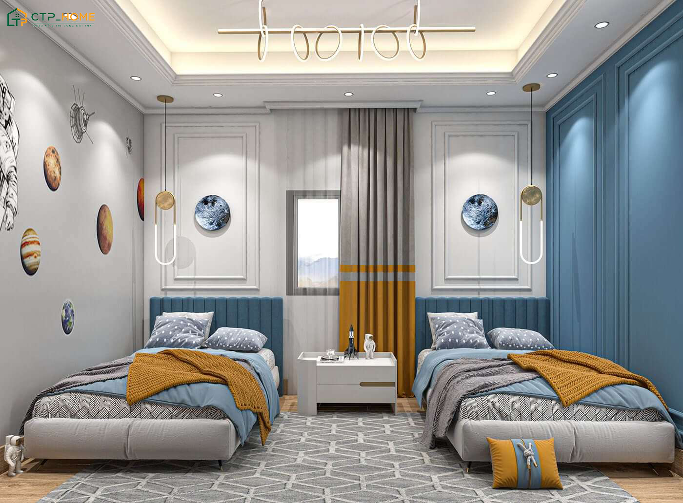 Hai giường đôi nên được bố trí đối xứng với nhau để đảm bảo sự thuận tiện khi sử dụng
