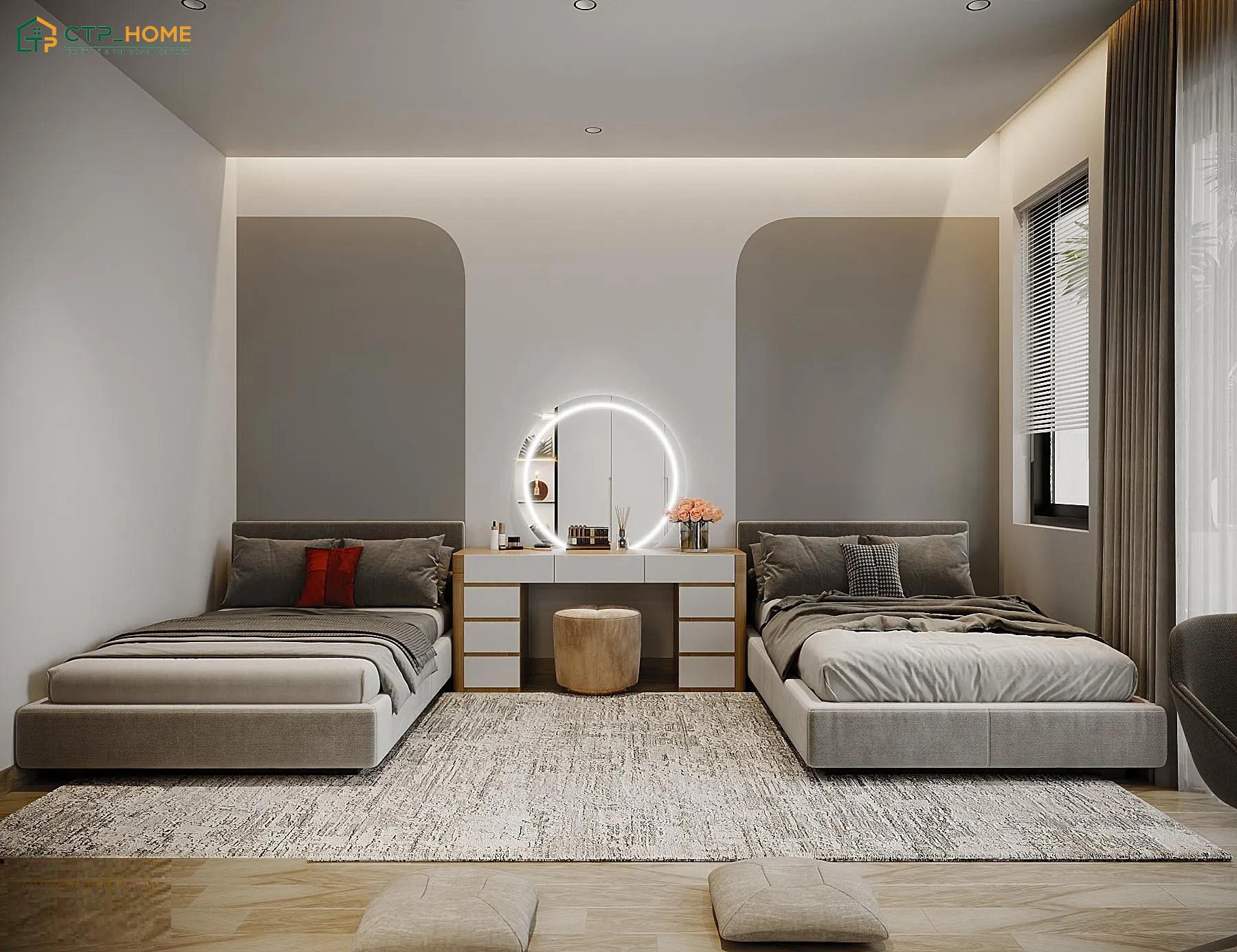 Mẫu thiết kế phòng ngủ 2 giường cao cấp gây ấn tượng trong cách bày trí nội thất và sử dụng vật liệu sang trọng