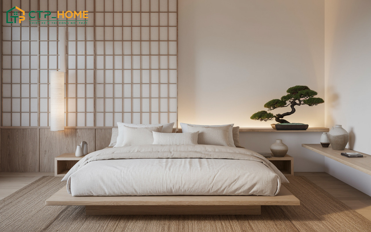 Mẫu phòng ngủ đơn giản kiểu Nhật sẽ sử dụng chất liệu gỗ để gia tăng cảm giác ấm cúng và gần gũi