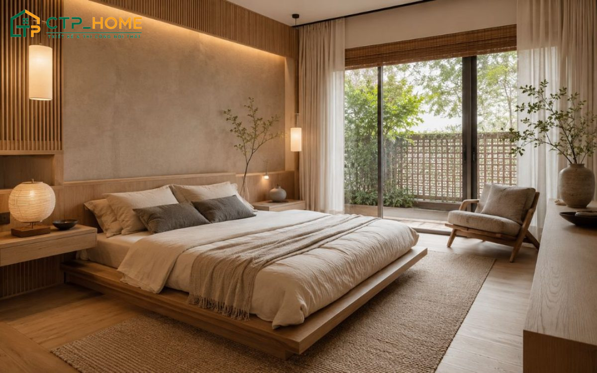 Mẫu thiết kế nội thất phòng ngủ kiểu Nhật truyền thống sẽ sử dụng giường bệt để tạo điểm nhấn