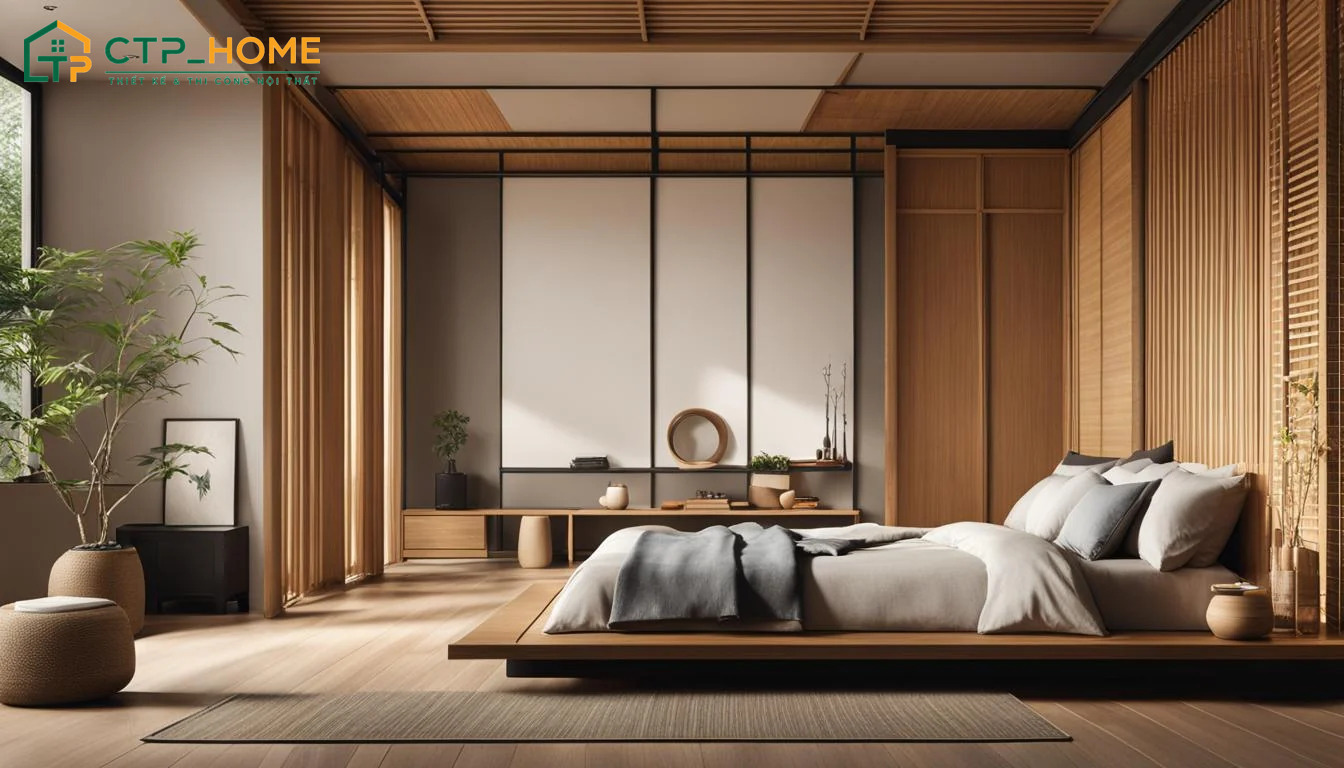 Chất liệu tự nhiên được sử dụng để tăng cảm giác ấm cúng cho phòng ngủ phong cách Nhật Bản
