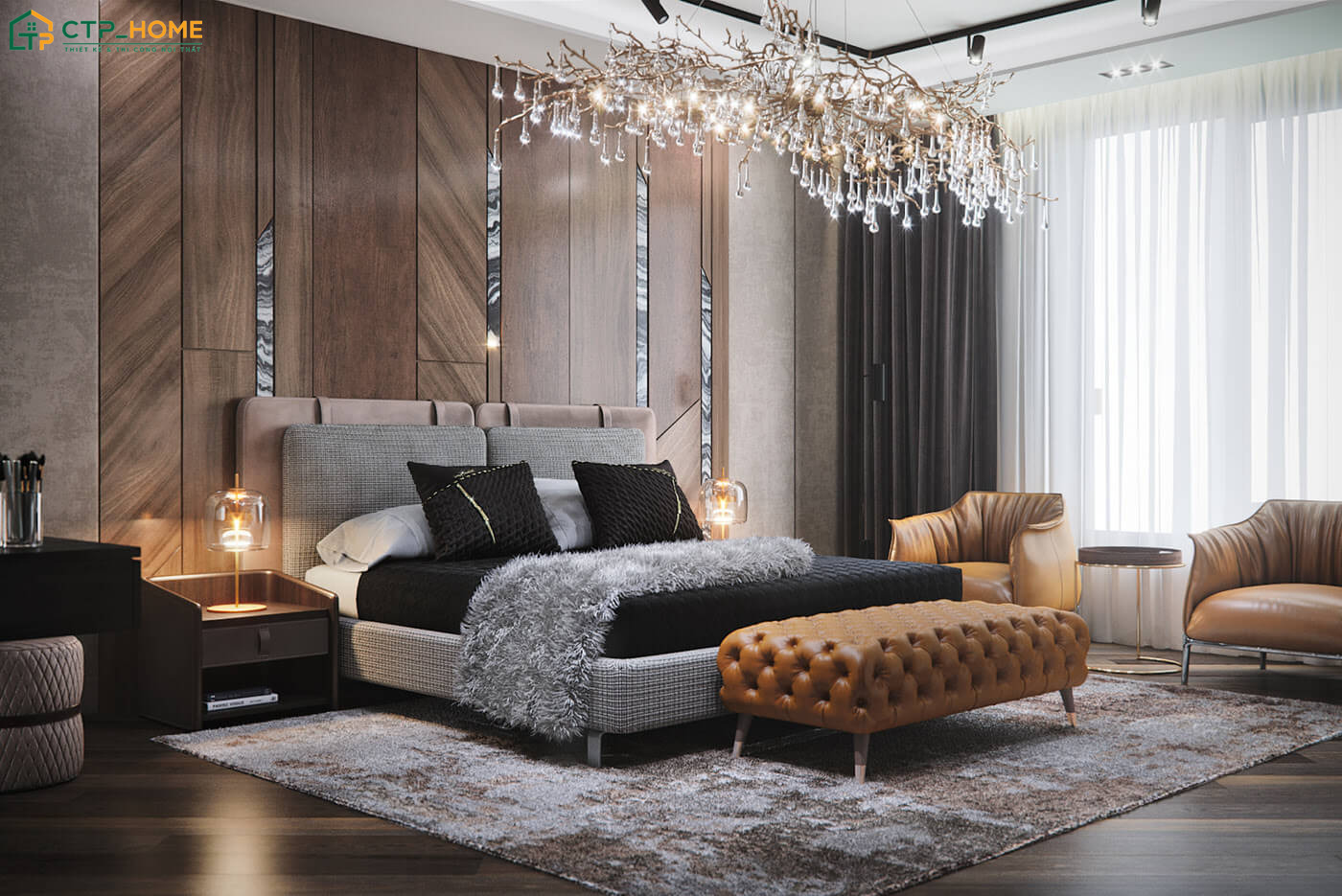 Không gian phòng ngủ Luxury sử dụng gam màu nâu làm điểm nhấn giúp đem đến vẻ đẹp trầm lắng