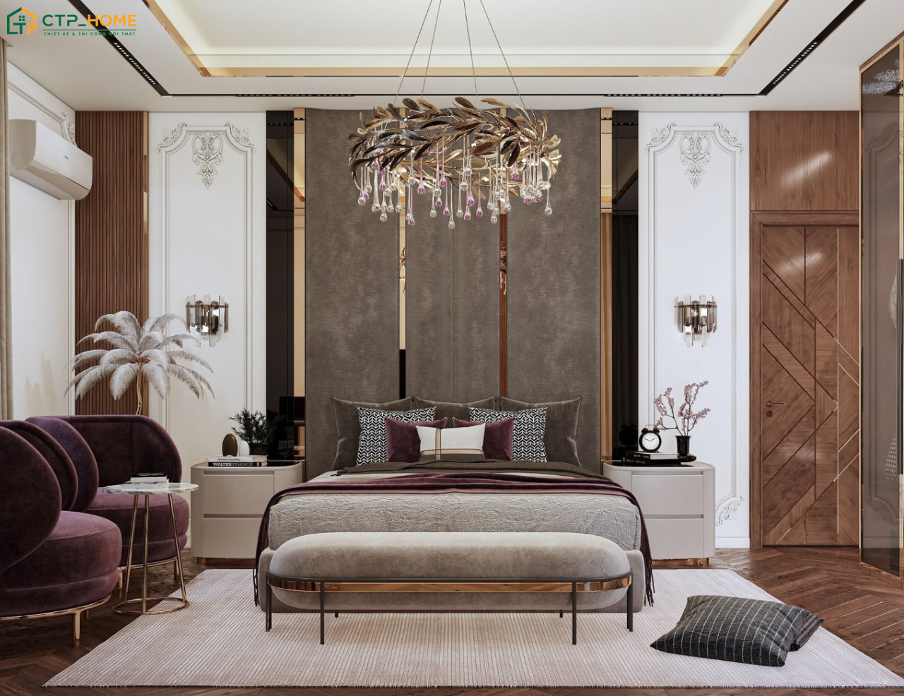 Sắc nâu khi được kết hợp cùng màu sáng sẽ giúp phòng ngủ phong cách Luxury trở nên cuốn hút hơn