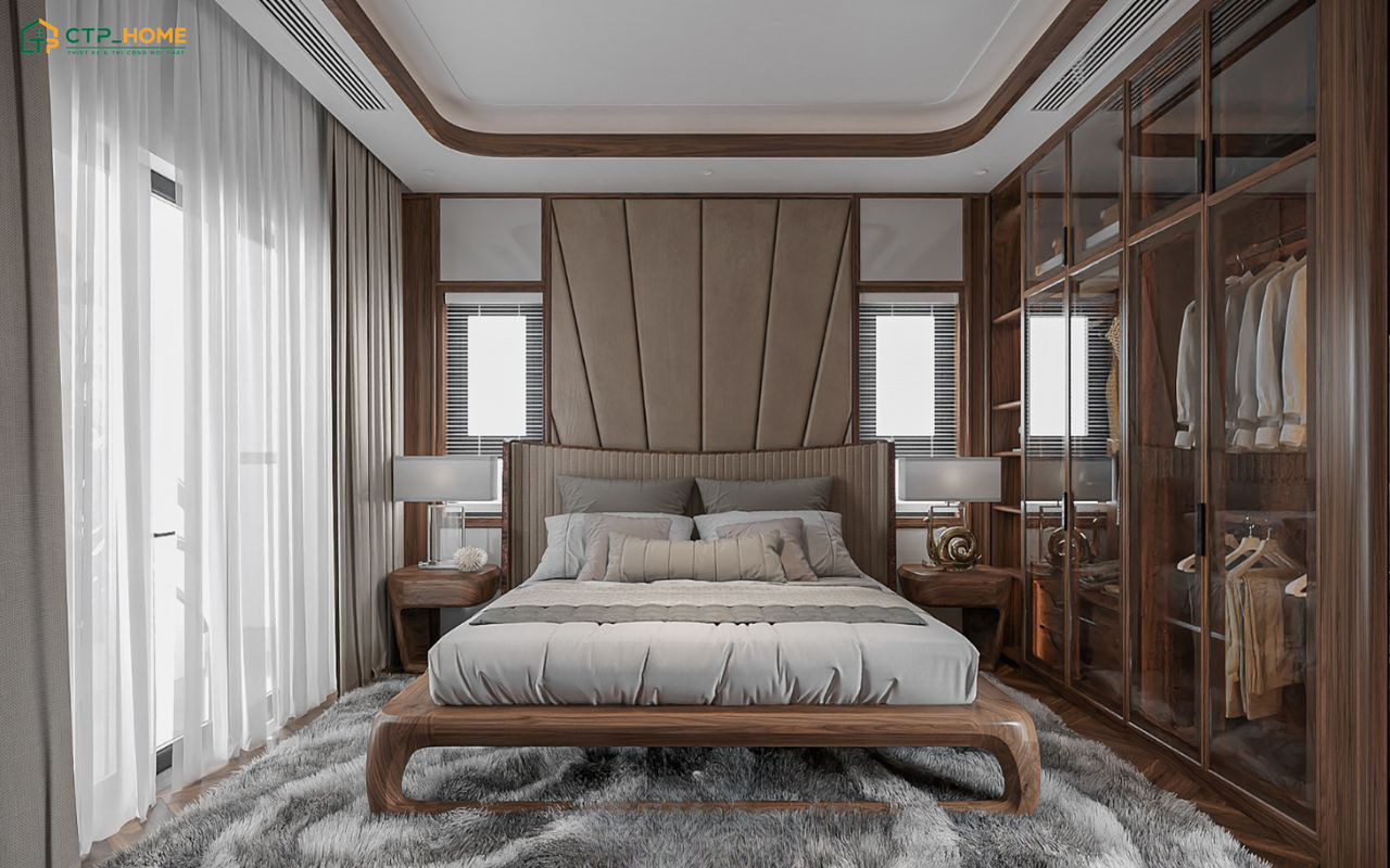 Mẫu phòng ngủ Luxury sử dụng nội thất gỗ cao cấp sẽ mang lại cảm giác ấm cúng và gần gũi với thiên nhiên