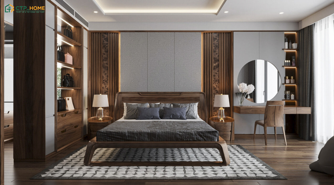 Mẫu phòng ngủ phong cách Luxury sẽ tận dụng ánh sáng tự nhiên để làm nổi bật vẻ đẹp đặc trưng của nội thất gỗ
