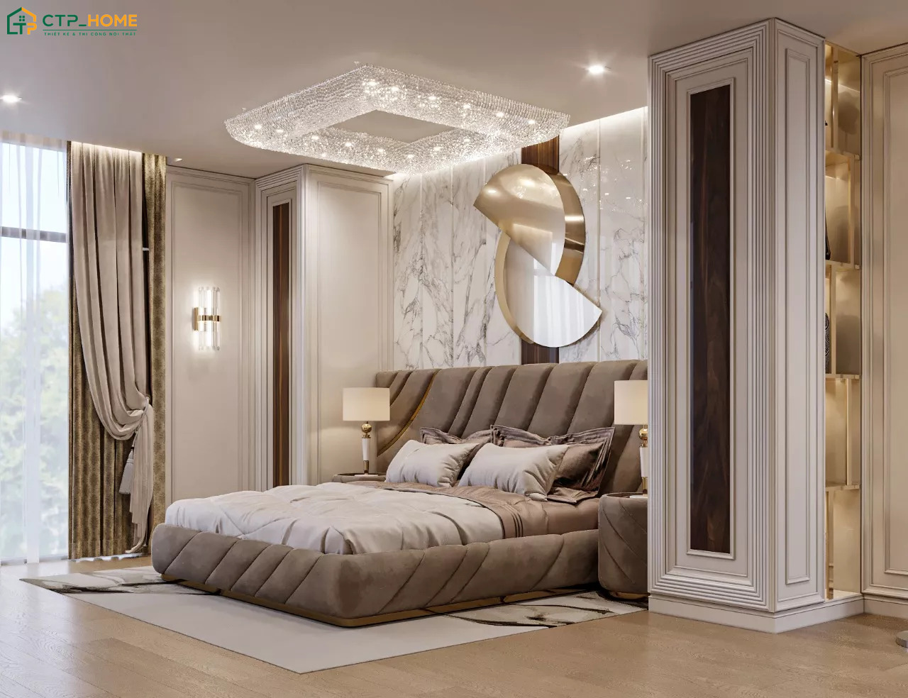 Cách bố trí nội thất cân đối sẽ mang đến cảm giác gần gũi cho phòng ngủ Luxury của hai vợ chồng