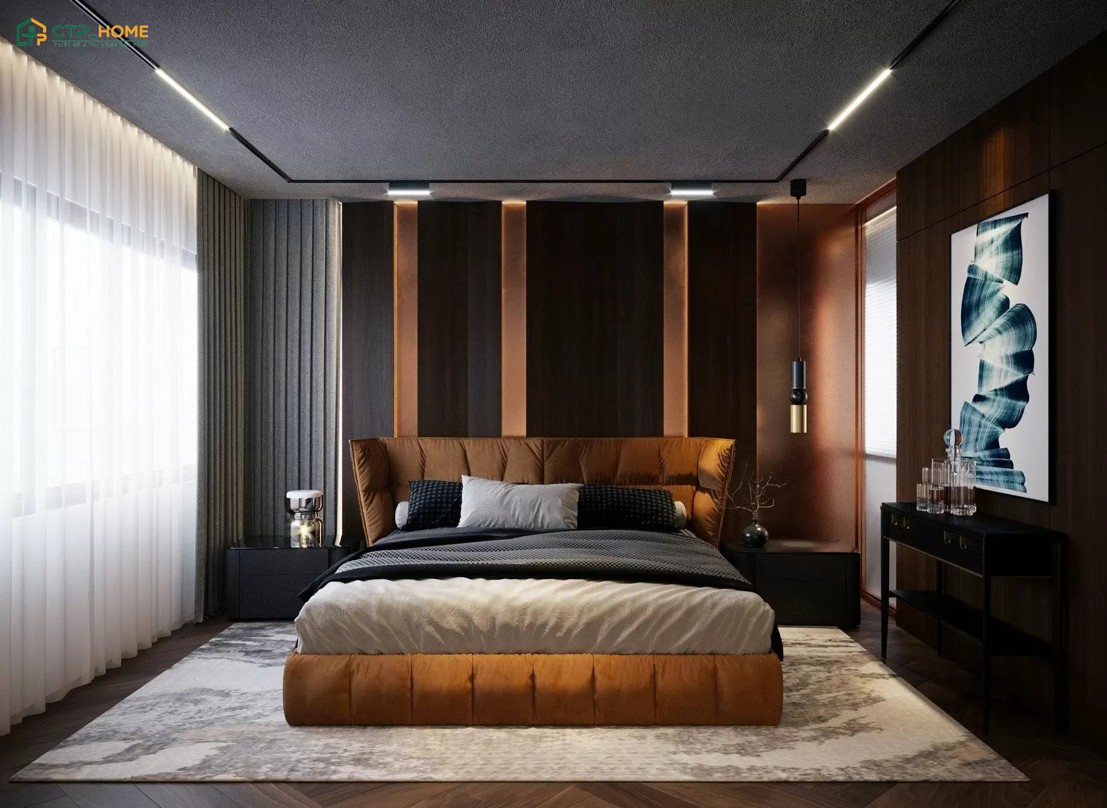 Không gian phòng ngủ cho nam sang trọng sẽ được bố trí gọn gàng để thể hiện nét cá tính riêng của gia chủ