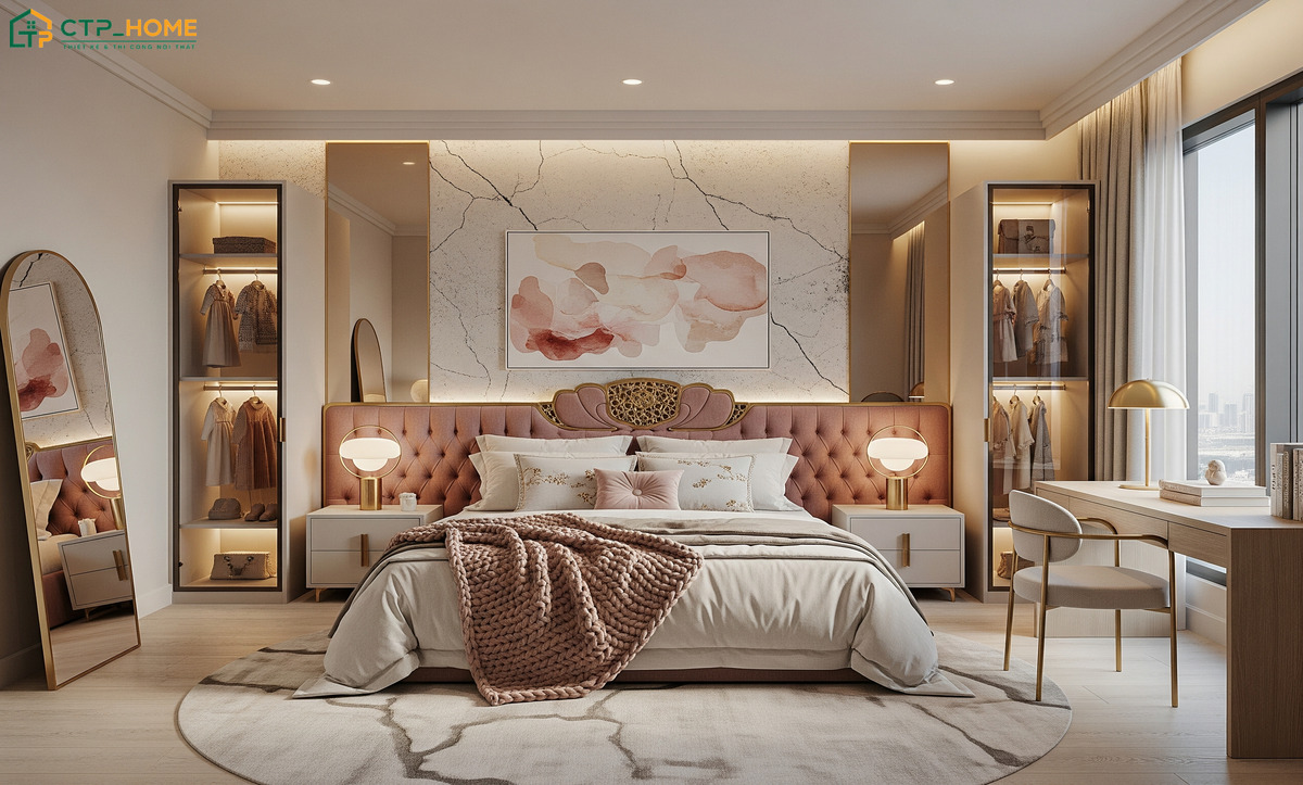 Mẫu thiết kế phòng ngủ Luxury cho nữ sẽ sử dụng gam màu sáng để tạo cảm giác thanh thoát hơn
