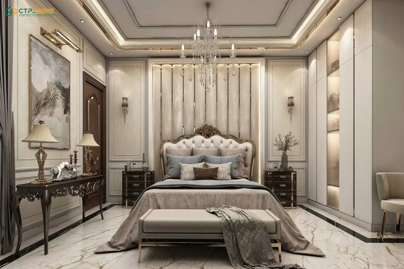 Mẫu phòng ngủ Luxury hơi hướng hoàng gia nổi bật với nội thất bề thế và chi tiết trang trí cầu kỳ