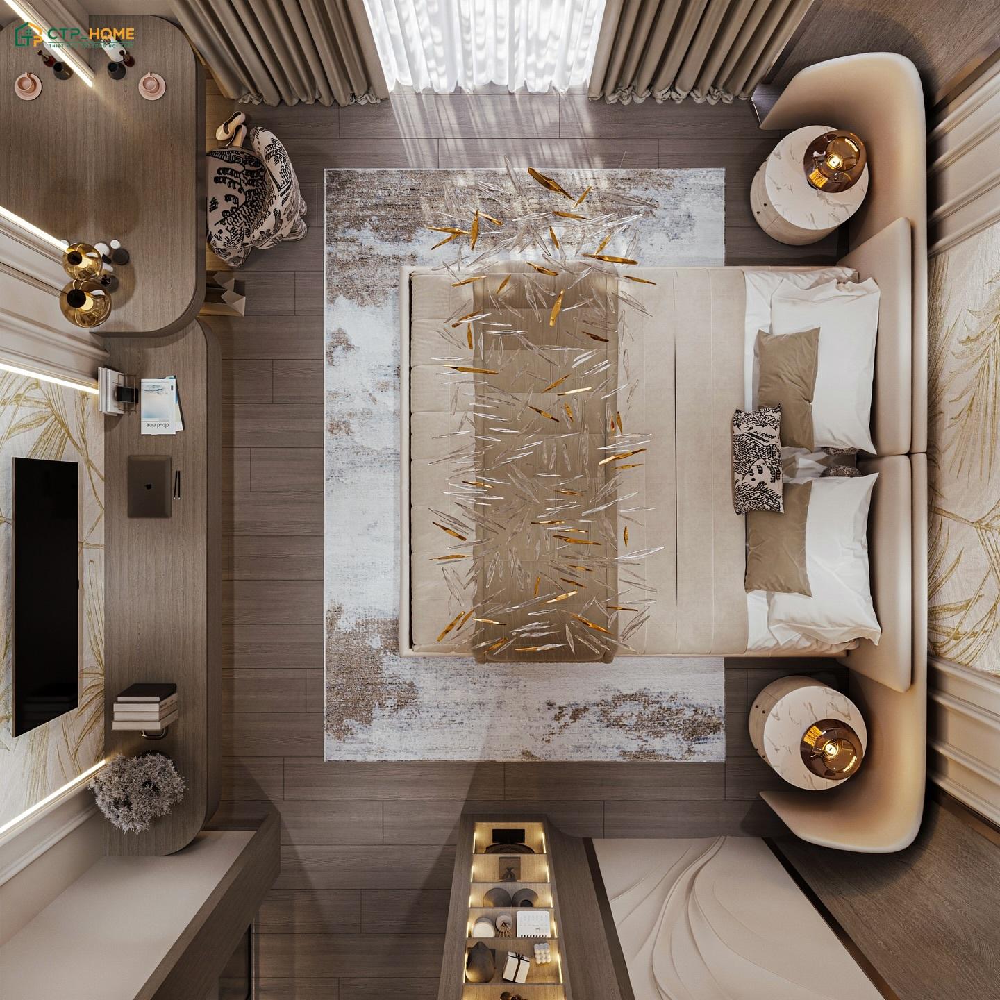 Không gian phòng ngủ Luxury gây ấn tượng với vẻ đẹp tinh tế thông qua các chi tiết được chăm chút tỉ mỉ